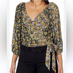 BCBGeneration Floral Wrap Blouse - Navy and Yellow